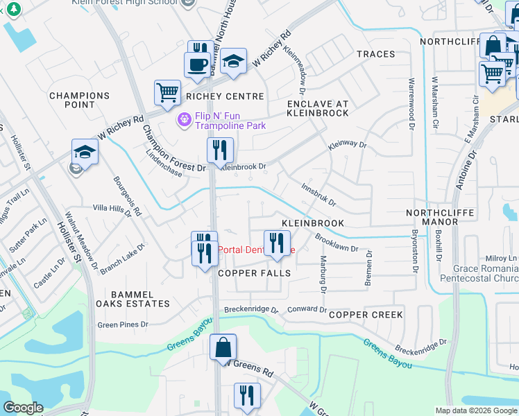 map of restaurants, bars, coffee shops, grocery stores, and more near 12118 Essenbruk Drive in Houston