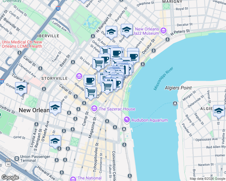 map of restaurants, bars, coffee shops, grocery stores, and more near 429 Decatur Street in New Orleans