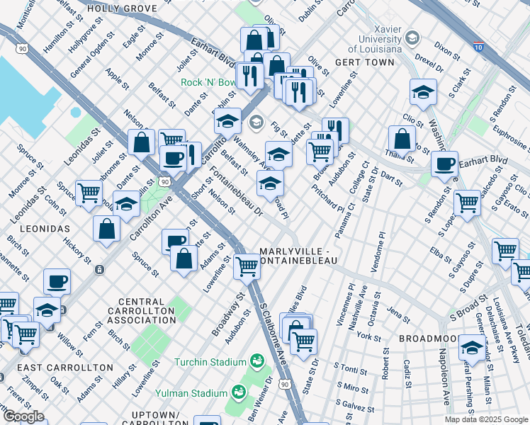 map of restaurants, bars, coffee shops, grocery stores, and more near 65 Fontainebleau Drive in New Orleans