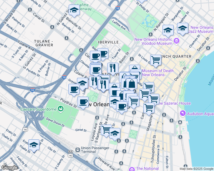 map of restaurants, bars, coffee shops, grocery stores, and more near 1111 Tulane Avenue in New Orleans