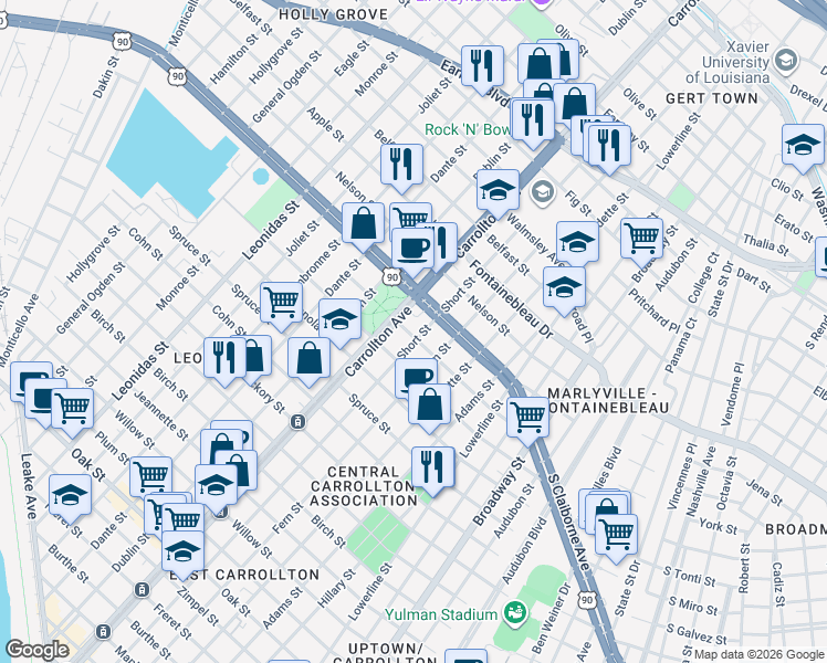map of restaurants, bars, coffee shops, grocery stores, and more near 8002 South Claiborne Avenue in New Orleans