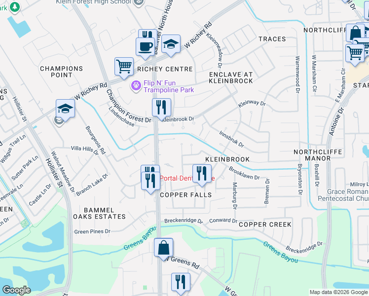 map of restaurants, bars, coffee shops, grocery stores, and more near 12118 Essenbruk Drive in Houston