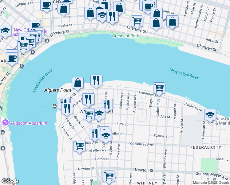 map of restaurants, bars, coffee shops, grocery stores, and more near 731 Patterson Road in New Orleans