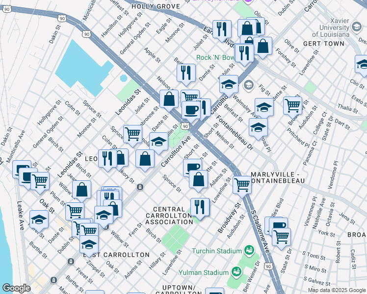 map of restaurants, bars, coffee shops, grocery stores, and more near 2231 South Carrollton Avenue in New Orleans