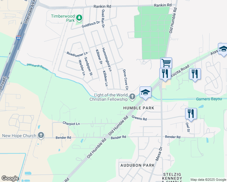 map of restaurants, bars, coffee shops, grocery stores, and more near 3234 Quail Run Drive in Humble