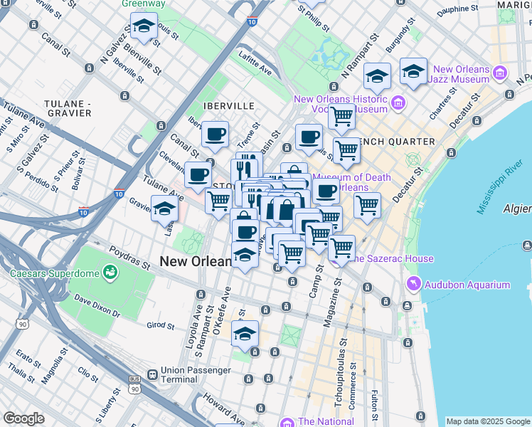 map of restaurants, bars, coffee shops, grocery stores, and more near 1002 Canal Street in New Orleans