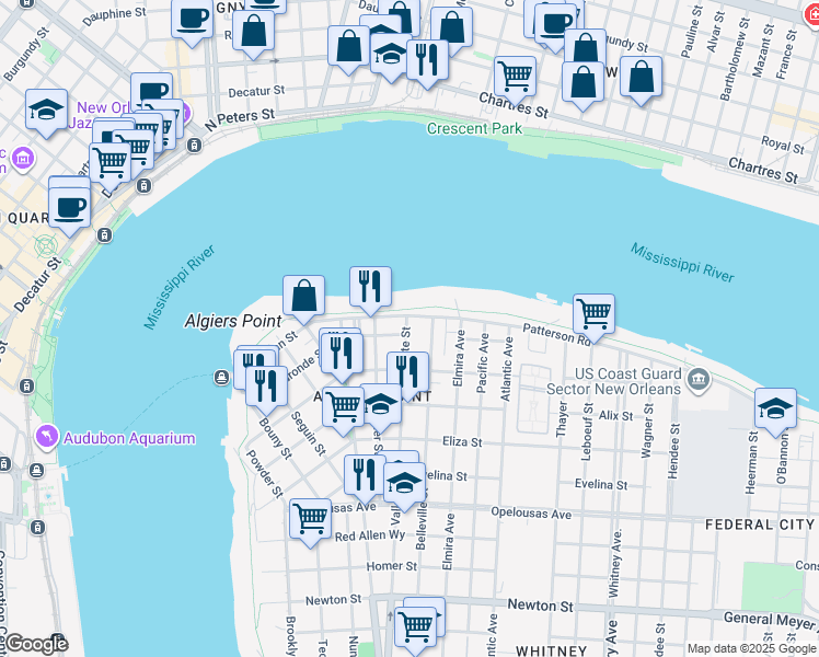 map of restaurants, bars, coffee shops, grocery stores, and more near 731 Patterson Road in New Orleans