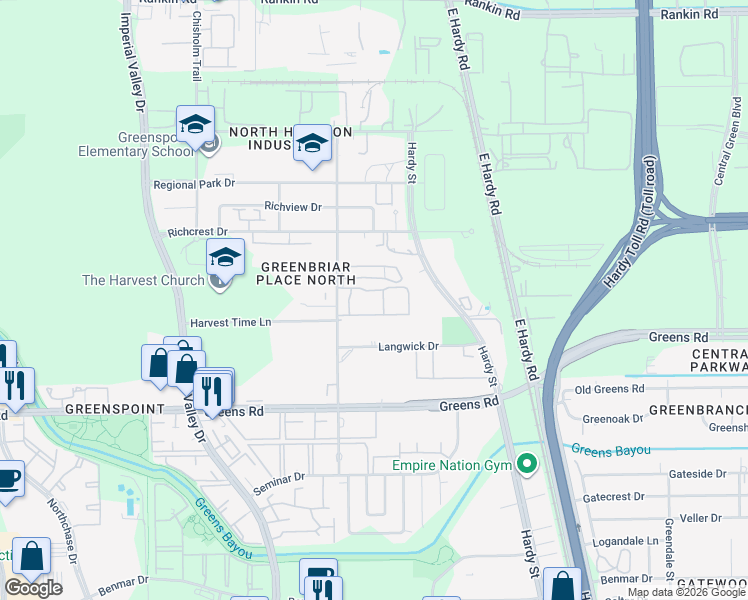 map of restaurants, bars, coffee shops, grocery stores, and more near 17630 Wayforest Drive in Houston