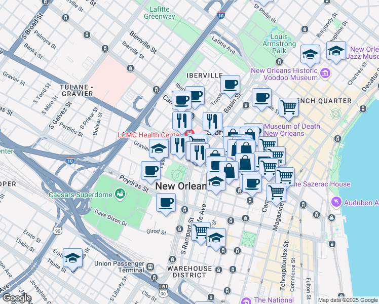 map of restaurants, bars, coffee shops, grocery stores, and more near 1324 Tulane Avenue in New Orleans