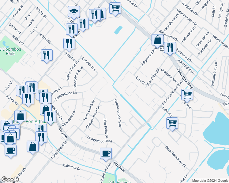 map of restaurants, bars, coffee shops, grocery stores, and more near 4037 Heatherbrook Court in Port Arthur