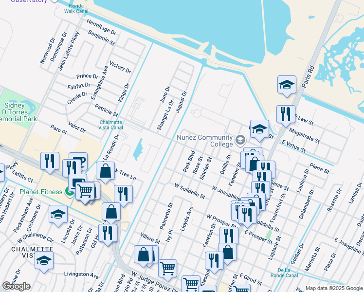 map of restaurants, bars, coffee shops, grocery stores, and more near 3605 Jackson Boulevard in Chalmette