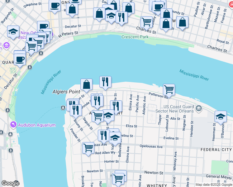 map of restaurants, bars, coffee shops, grocery stores, and more near 731 Patterson Road in New Orleans