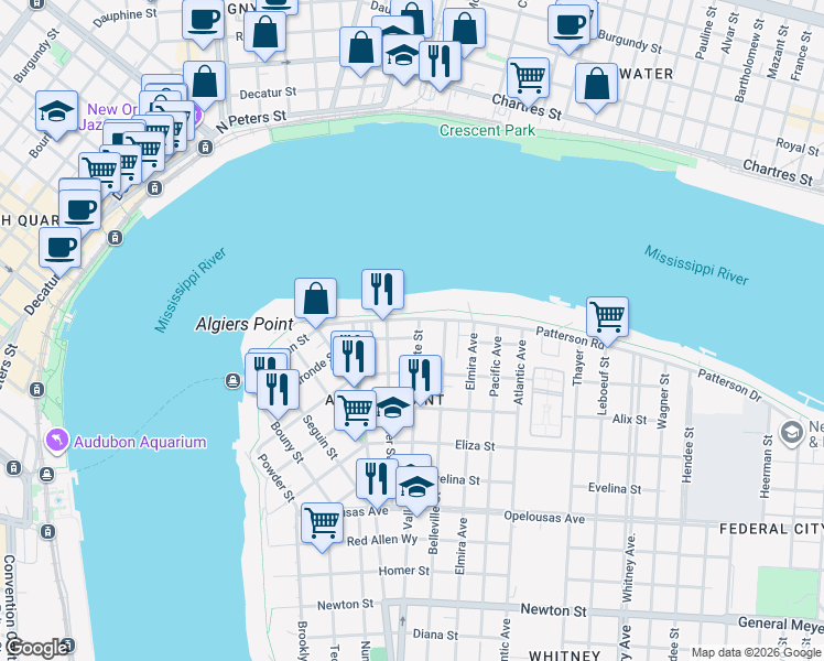 map of restaurants, bars, coffee shops, grocery stores, and more near 627 Patterson Road in New Orleans