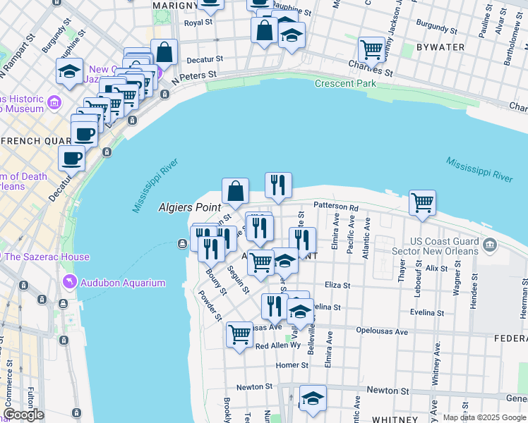 map of restaurants, bars, coffee shops, grocery stores, and more near 5 Bauman Street in New Orleans