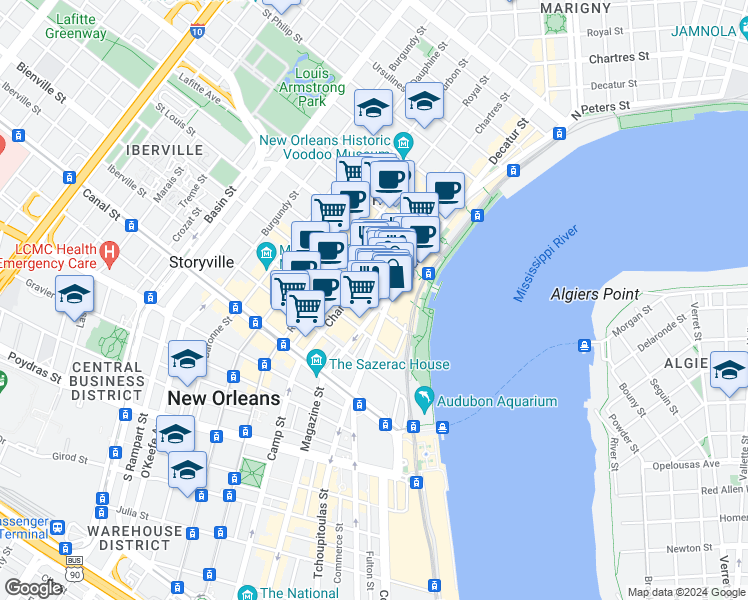 map of restaurants, bars, coffee shops, grocery stores, and more near 429 Decatur Street in New Orleans