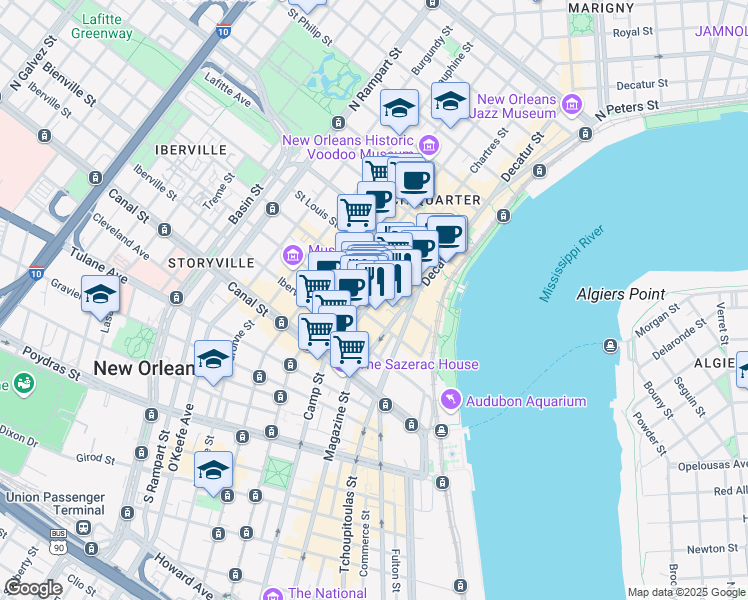 map of restaurants, bars, coffee shops, grocery stores, and more near in New Orleans