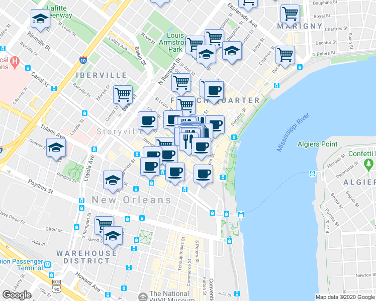 map of restaurants, bars, coffee shops, grocery stores, and more near in New Orleans
