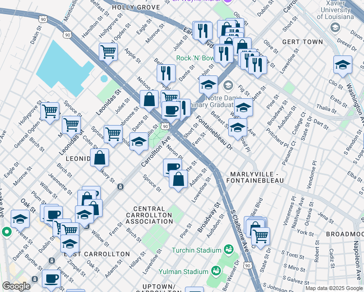 map of restaurants, bars, coffee shops, grocery stores, and more near 8002 South Claiborne Avenue in New Orleans