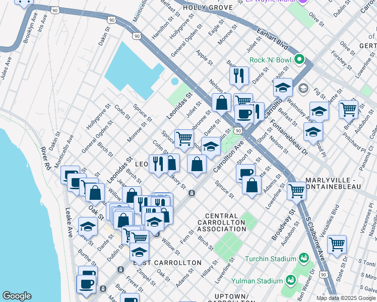 map of restaurants, bars, coffee shops, grocery stores, and more near 8331 Spruce Street in New Orleans