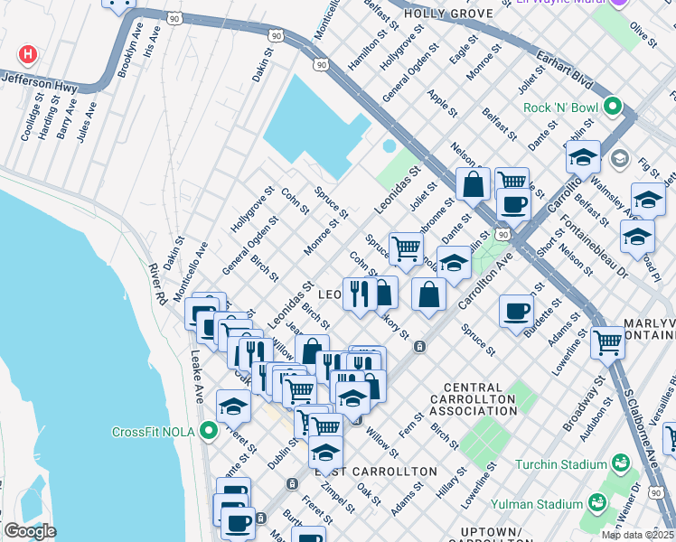 map of restaurants, bars, coffee shops, grocery stores, and more near 8525 Hickory Street in New Orleans