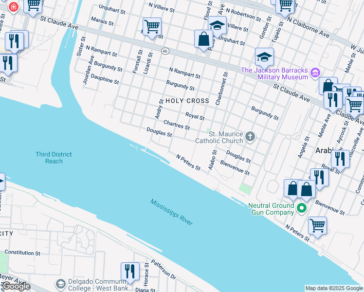 map of restaurants, bars, coffee shops, grocery stores, and more near 5630 Douglas Street in New Orleans