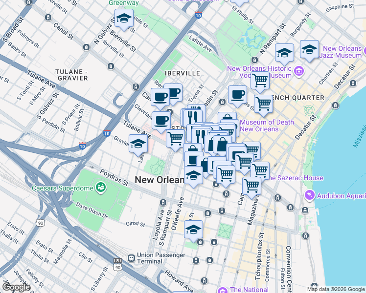 map of restaurants, bars, coffee shops, grocery stores, and more near 125 South Rampart Street in New Orleans