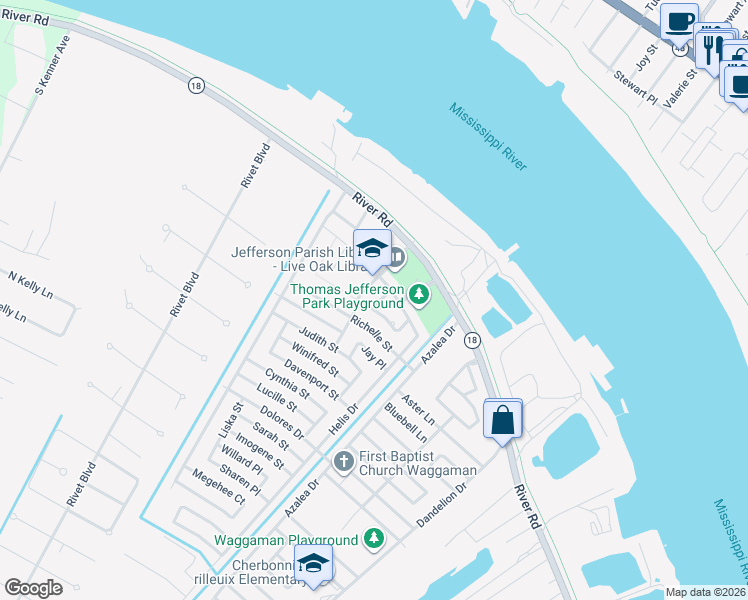 map of restaurants, bars, coffee shops, grocery stores, and more near 233 Acadia Drive in Westwego