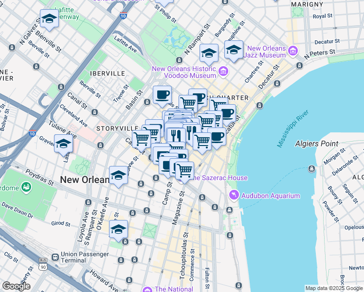 map of restaurants, bars, coffee shops, grocery stores, and more near 305 Royal Street in New Orleans