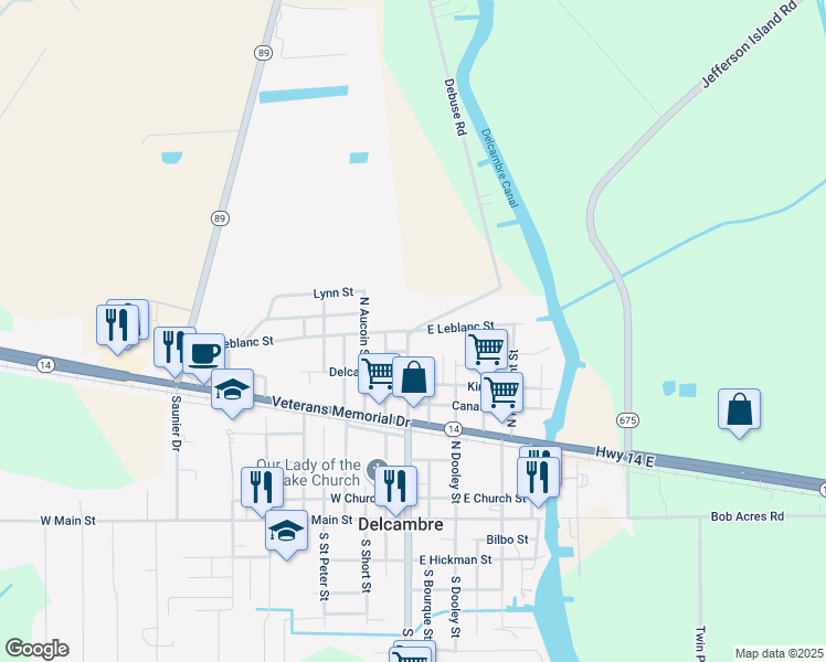 map of restaurants, bars, coffee shops, grocery stores, and more near 129 East Leblanc Street in Delcambre