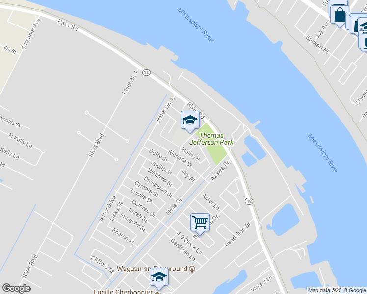 map of restaurants, bars, coffee shops, grocery stores, and more near 233 Acadia Drive in Westwego