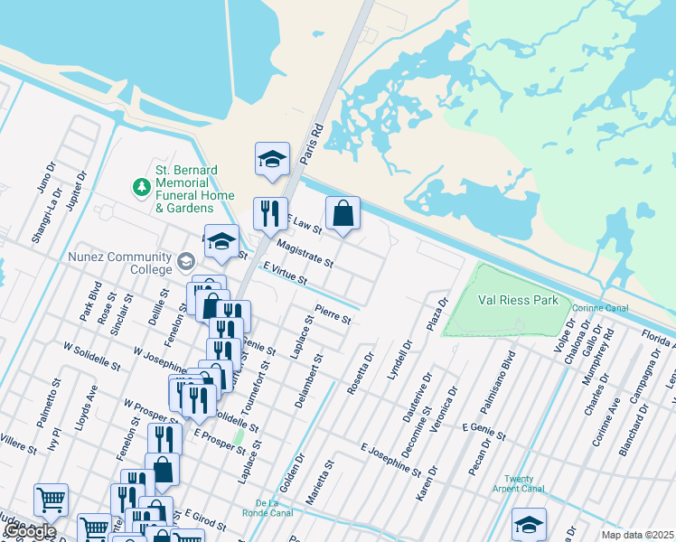 map of restaurants, bars, coffee shops, grocery stores, and more near 513 Magistrate Street in Chalmette