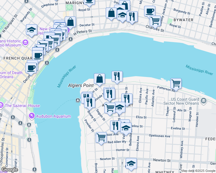 map of restaurants, bars, coffee shops, grocery stores, and more near 5 Bauman Street in New Orleans