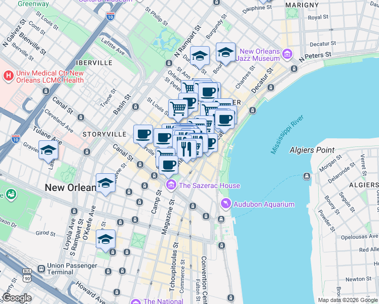 map of restaurants, bars, coffee shops, grocery stores, and more near in New Orleans