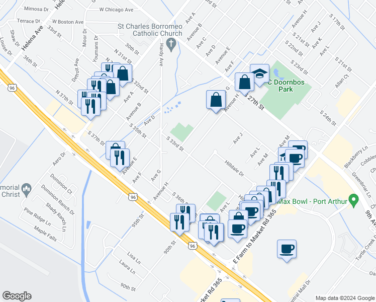 map of restaurants, bars, coffee shops, grocery stores, and more near 3224 Avenue H in Nederland