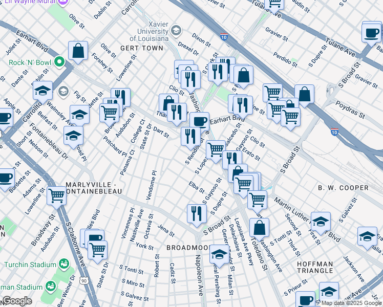 map of restaurants, bars, coffee shops, grocery stores, and more near 4501 Eve Street in New Orleans