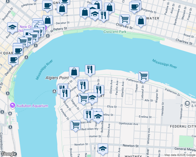 map of restaurants, bars, coffee shops, grocery stores, and more near 627 Patterson Road in New Orleans