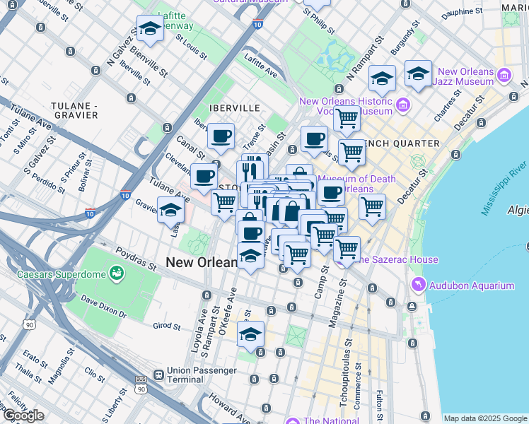 map of restaurants, bars, coffee shops, grocery stores, and more near 1002 Canal St in New Orleans