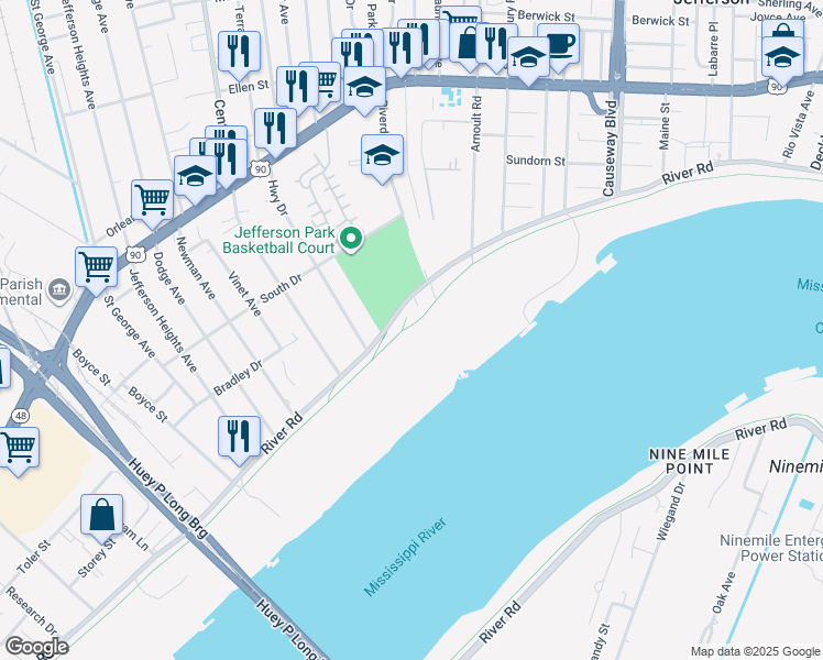 map of restaurants, bars, coffee shops, grocery stores, and more near 3908 River Road in Jefferson
