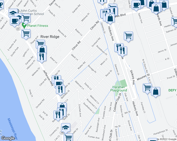 map of restaurants, bars, coffee shops, grocery stores, and more near 9117 Tanglewild Place in River Ridge