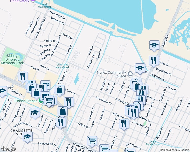 map of restaurants, bars, coffee shops, grocery stores, and more near 3522 Pakenham Drive in Chalmette