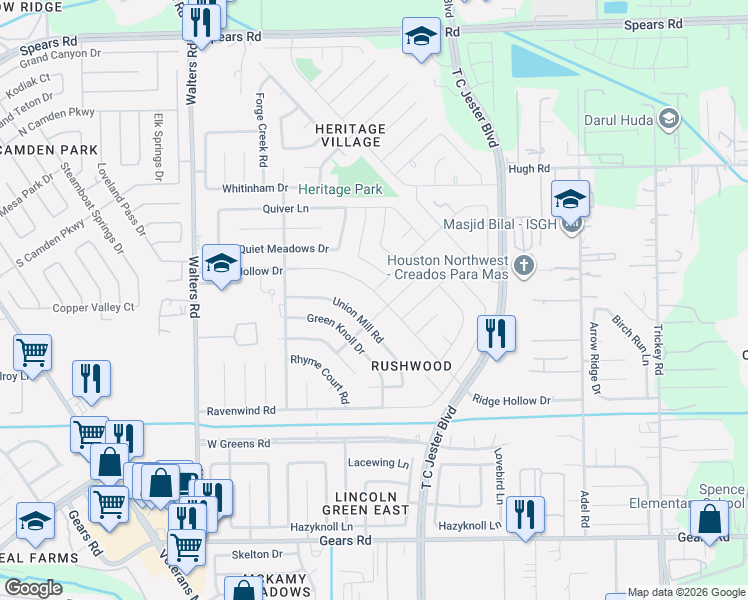 map of restaurants, bars, coffee shops, grocery stores, and more near 2311 Ridge Hollow Drive in Houston