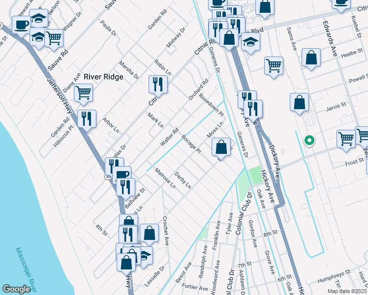 map of restaurants, bars, coffee shops, grocery stores, and more near 9117 Tanglewild Place in River Ridge