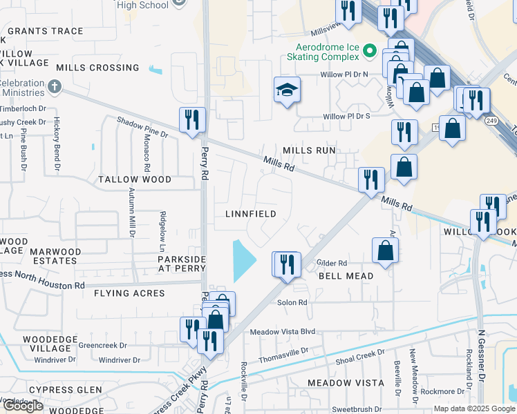 map of restaurants, bars, coffee shops, grocery stores, and more near 9335 Gablewinn Court in Houston