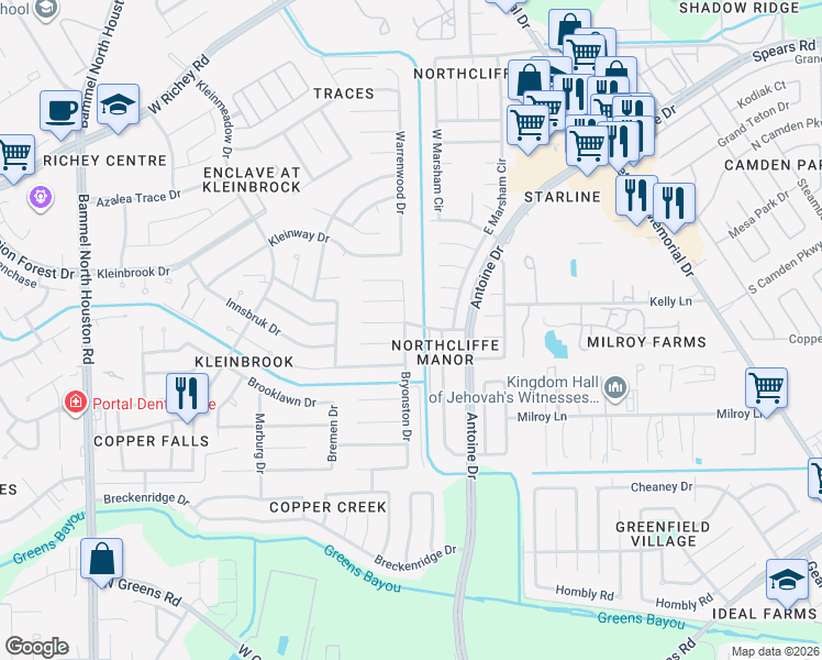 map of restaurants, bars, coffee shops, grocery stores, and more near 11850 Bryonston Drive in Houston