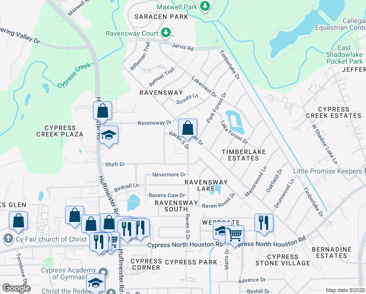 map of restaurants, bars, coffee shops, grocery stores, and more near 12819 Raven South Drive in Cypress
