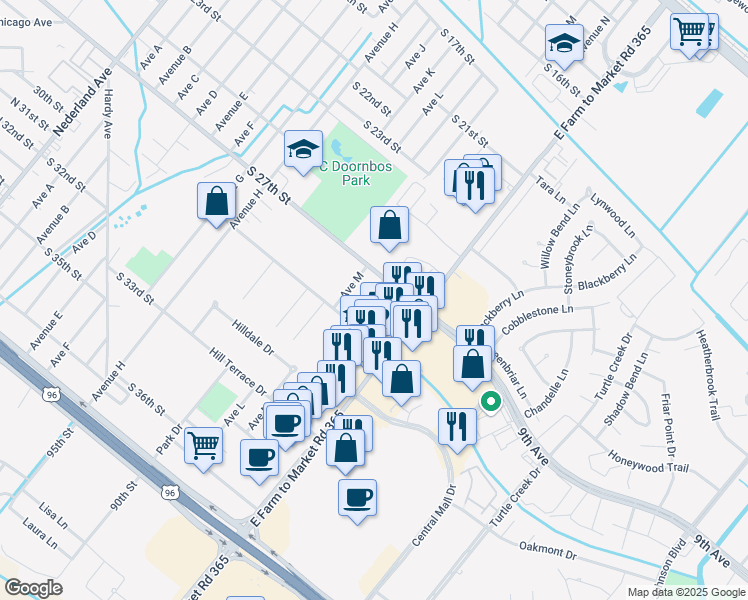 map of restaurants, bars, coffee shops, grocery stores, and more near 2719 Avenue N in Nederland