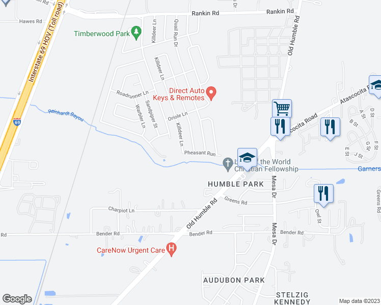 map of restaurants, bars, coffee shops, grocery stores, and more near 7622 Pheasant Run in Humble