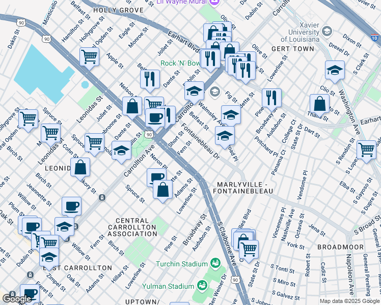 map of restaurants, bars, coffee shops, grocery stores, and more near 7803 Nelson Street in New Orleans