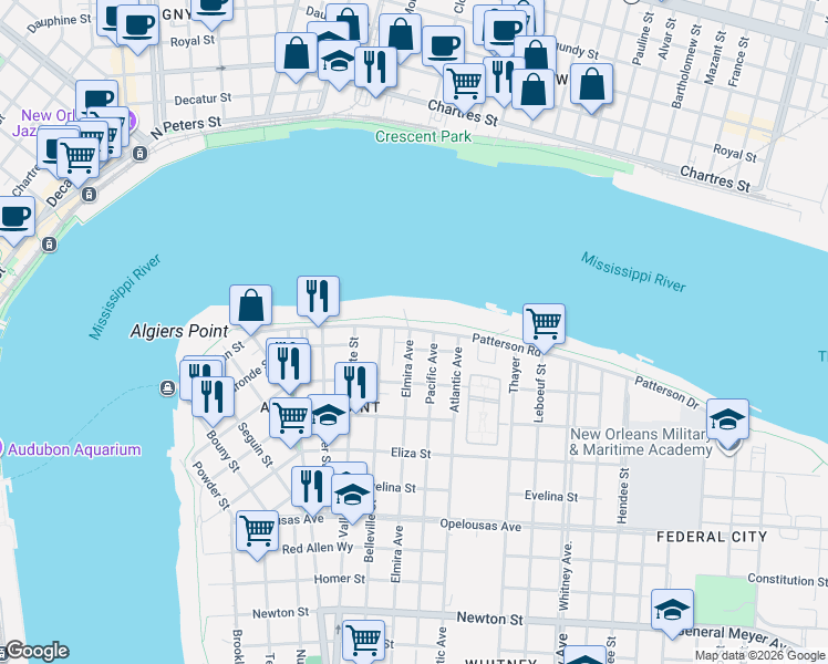 map of restaurants, bars, coffee shops, grocery stores, and more near in New Orleans