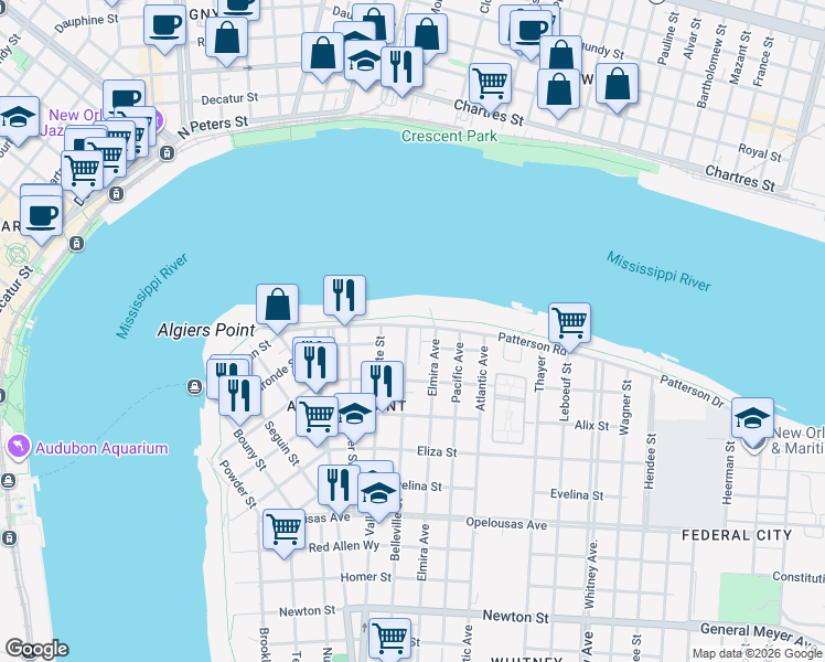 map of restaurants, bars, coffee shops, grocery stores, and more near 731 Patterson Road in New Orleans
